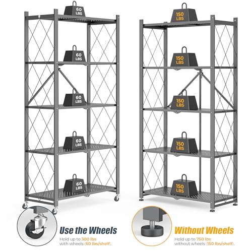 Image of 5-Tier Folding Metal Storage Rack - 63 inch Heavy-Duty Steel Frame with Wheels, No Assembly Utility Organizer, Rolling Shelving Unit for Kitchen, Garage, Pantry, Bedroom (Gray, 5 Tier)