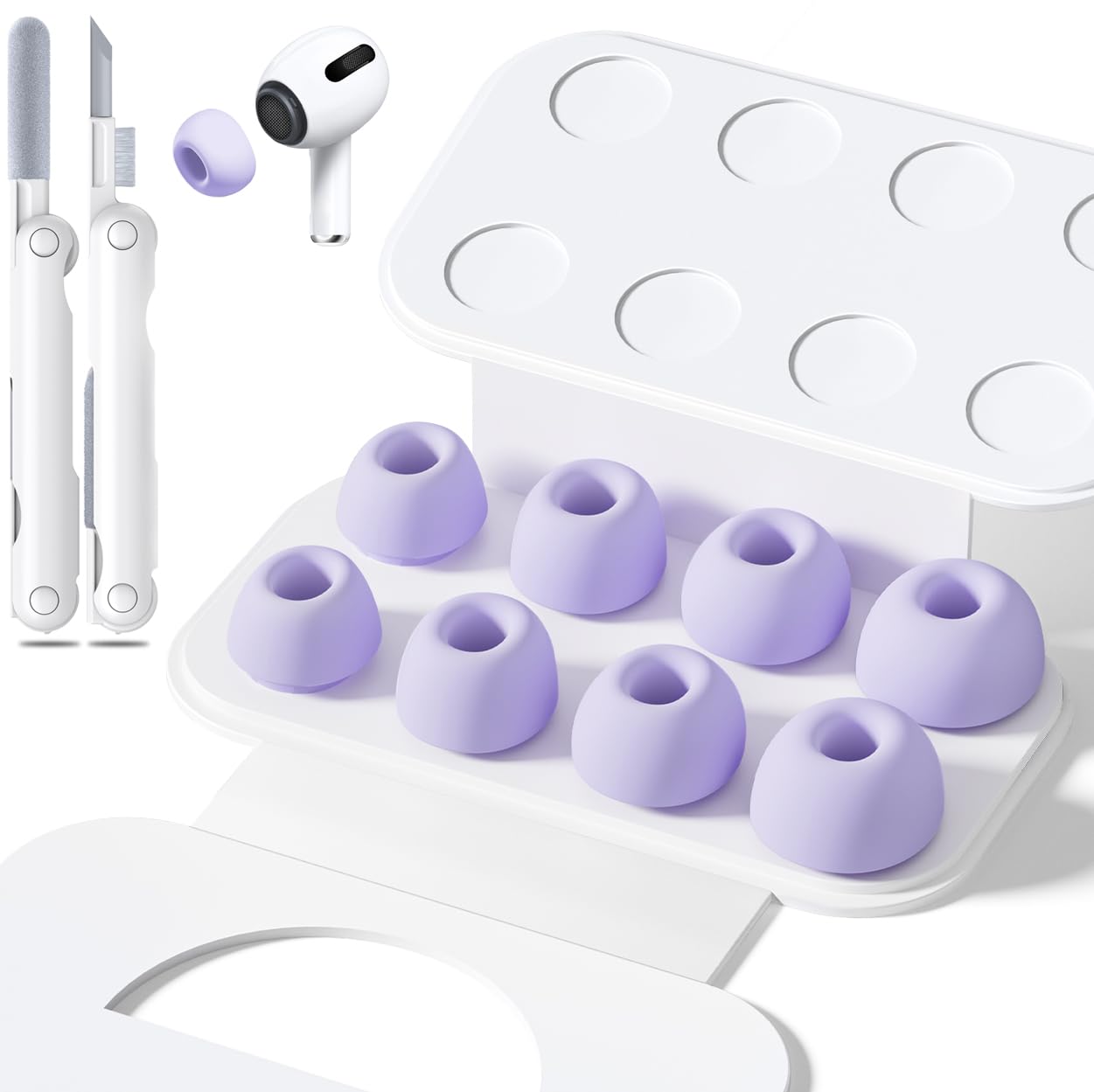 4 Pairs Replacement Ear Tips for Airpods Pro 1/2 with Hole for Noise Reduction, Silicone Earplugs for Airpods Pro with Cleaning Set & Portable Storage Box, 4 Sizes (XS/S/M/L) White — view 9