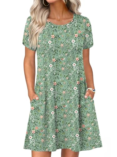 11 Best Casual Summer Dresses for Women Over 60 with Sleeves (Stylish, Cool, and Comfortable) 4 HOTGIFT Women Dresses Summer Casual Dress Swing Beach Sundresses Short Sleeve with Pockets Green Flowers Large