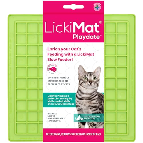 Image of Lickimat Classic Playdate, Cat Slow Feeder for Feline Boredom and Anxiety Reduction; Perfect for Food, Treats, Yogurt, or Peanut Butter. Fun Alternative to a Slow Feed Cat Bowl or Dish, Green