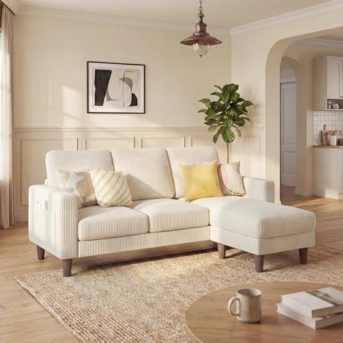 Homall 3 Seat Couch L Shape Sofa with Side Storage Pockage, Sectional Couches with Reversible Ottoma, Upholstered Sofa for Living Room and Small Spaces (Linen Fabric, Cream)