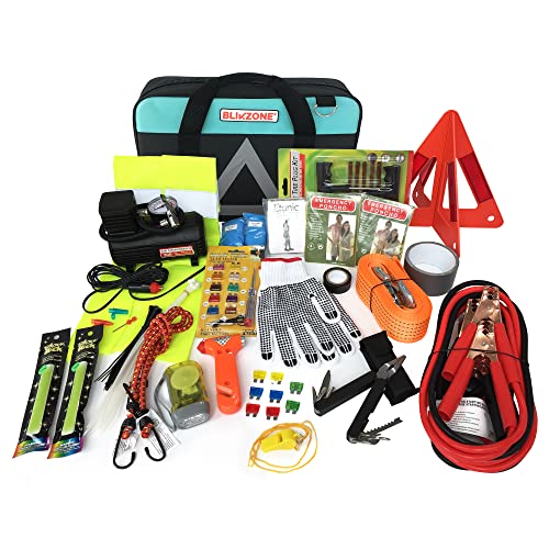 Blikzone Roadside Emergency Car Kit Aqua. 81 Pc Emergency Car Kit: Portable Air Compressor, Jumper Cables, Tire Repair Kit And All The Essential Tools, Car Accessories And Stuff To Drive Safe #TOP3