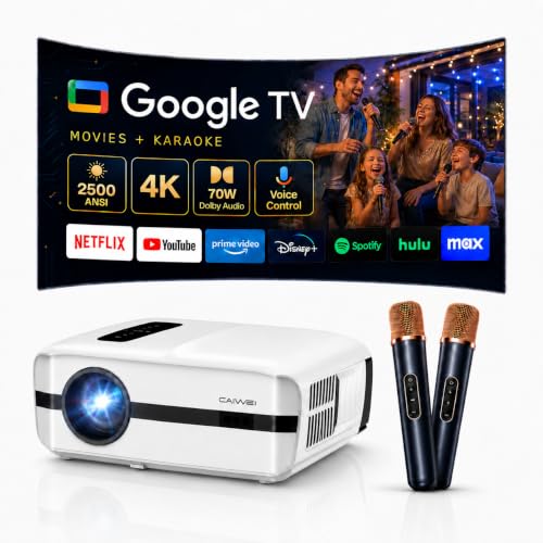 Image of 4K Smart Outdoor Home Theater Projector with 2pc Microphones, Google TV, 2500 ANSI, 1200cc 70W Deep Bass Speakers, Dolby Audio, HDMI ARC, WiFi and Bluetooth, NFC Wireless Cast for Home/Backyard
