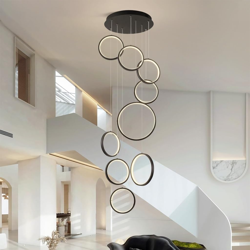 Modern LED Hängelampe Dimmbar Ringe Pendelleuchte Wohnzimmerlamp Aluminium Treppe Hängeleuchte Xuanguan Schlafzimmer Esszimmer Küchenlampe Höhenverstellbar Lampen(9-Ring)