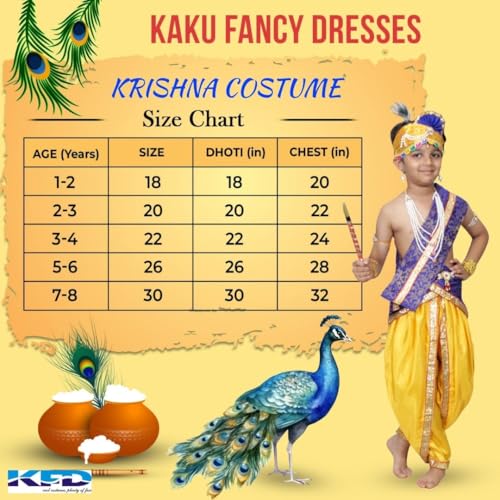 Image of Kaku Fancy Dresses Krishna Costume With Dhoti For Boy /Janmashtami /Bal Gopal Dress /Kanha Costume /Bal Krishna /Mythological Costume For Boy - Yellow-Red, 1-2 Years
