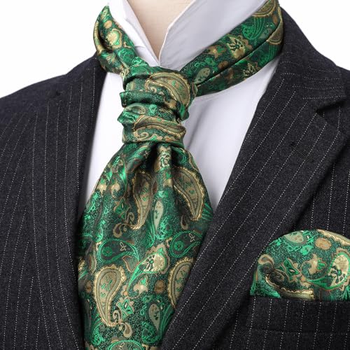 Image of HISDERN Ascot Ties for Men Paisley Floral Ascot and Pocket Square Set Classic Self Tie Mens Cravat Handkerchief for Wedding