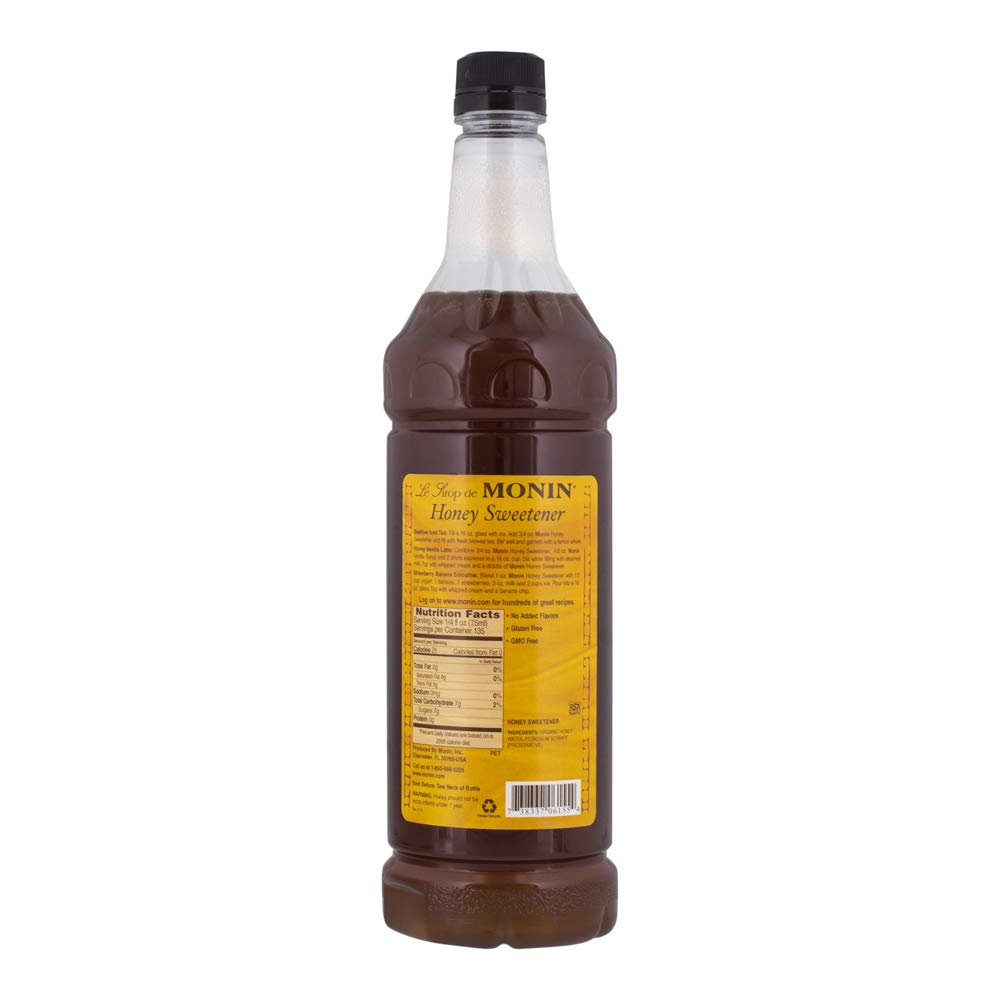 Monin - Organic Honey Sweetener, Low-Calorie Liquid Sweetener, Sugar Substitute, Coffee Syrup, Made with Organic Honey, Simple Syrup for Cocktails, Iced Tea, & More, Clean Label (1 Liter)