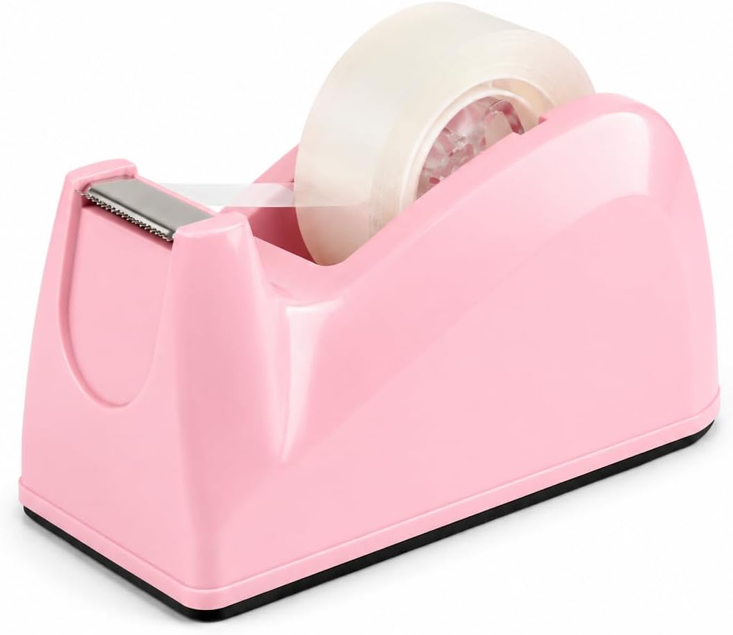 Pink Cute Desktop Tape Dispenser, Weighted Non-Skid Base Office Tape Dispenser for One-Handed Dispensing, Aesthetic Macaron Pastel Tape Cutter for Home Office, School, Fits 3/4" Tape