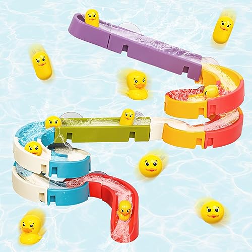 Image of Kidology Small Duck Slide Track Bath Toys, Bathtub Fun Construction Toy Game for Kids, Slide with Tiny Yellow Ducks (40 Pcs Set)