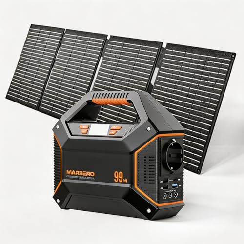 MARBERO Générateur de Courant Portable 27.000mAh avec Panneau Solaire 100W, Power Bank 99Wh avec Prise AC 150W Max et Lampe LED SOS, pour Camping Urgence Maison Voyages et Travail