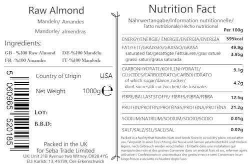 Seba Garden Kalifornische Mandeln roh - ganz natürlich - Druckverschlussbeutel (1kg)