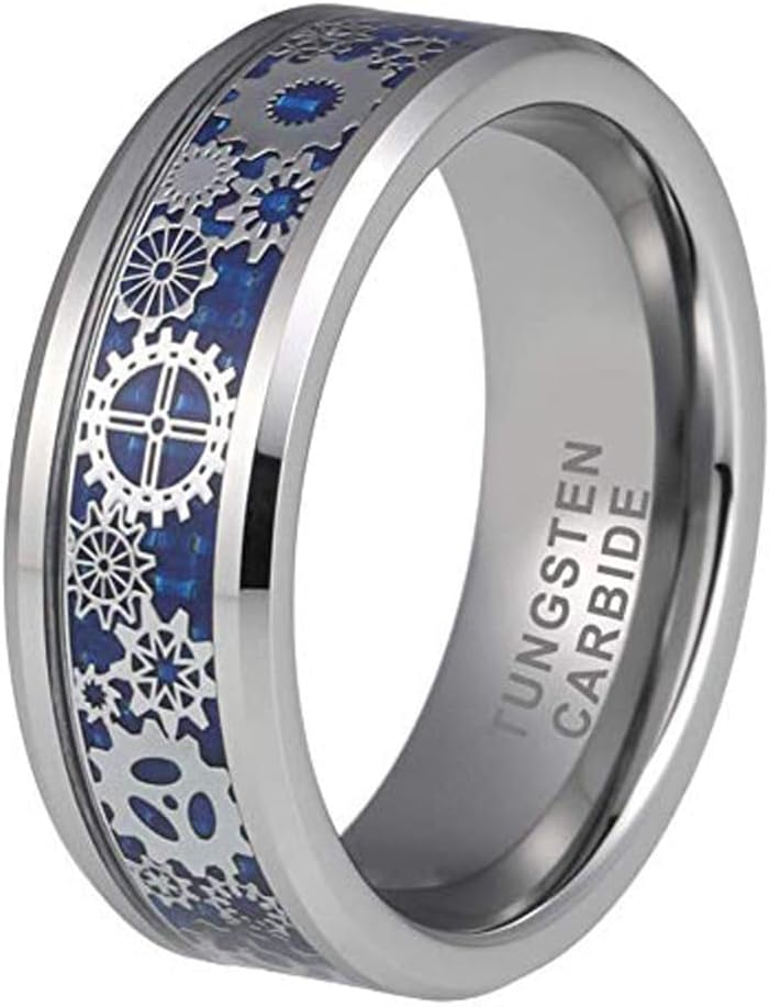 (8mm) Unisex or Men's Tungsten Carbide Wedding Ring Band. Silver Band with Silver Mechanical Gears Ring over Dark Blue Carbon Fiber Resin.