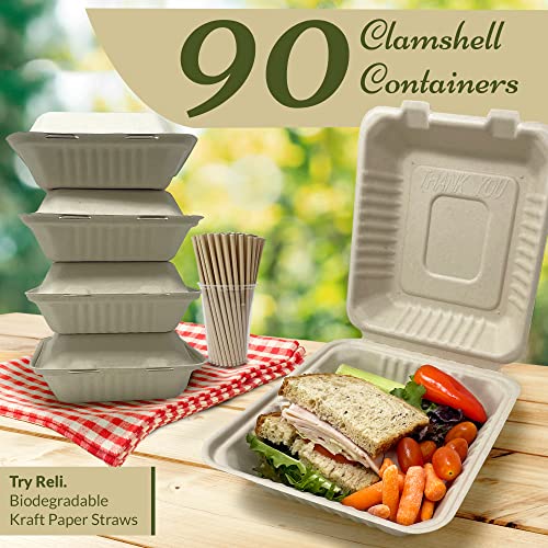 Reli. Compostable Clamshell To-Go Containers (90 Pack), 8X8 Inch | 1 Compartment | Disposable Take Out Food Containers/To Go Boxes | Biodegradable To Go Containers | Bagasse Clam Shell | Brown 8X8 #TOP1