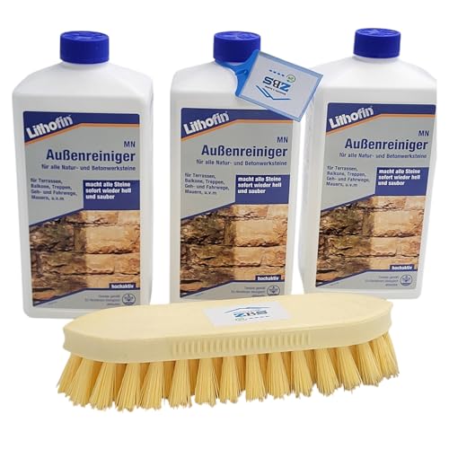 zbs24 Lithofin MN Außenreiniger 3 Liter mit Reinigungsbürste - hochwirksamer Steinreiniger für Beton-u. Natursteinen im Aussenbereich