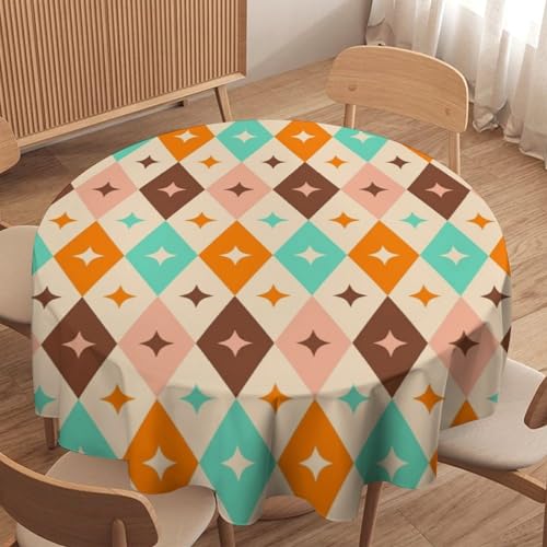 SHElifestyle Mid Century Modern Tablecloth, 1960S 1970S Retro Groovy Boomerang Pattern Round Table Cover Vintage Stars Tabletop Wipeable Tablecloths for Kitchen Dinning Room 70"