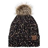 C.C Exclusives Fuzzy Lined Knit Fur Pom Beanie Hat (YJ-820) (Confetti Black)