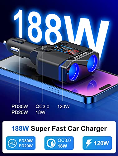 【Dual Pd】Cigarette Lighter Splitter, Superone 2-Socket Cigarette Lighter Adapter Splitter With Dual Pd30W & Qc3.0, 12V/24V Independent Switches Voltage Display 15A Fuse For Gps/Dash Cam/Laptop/Iphone #TOP1