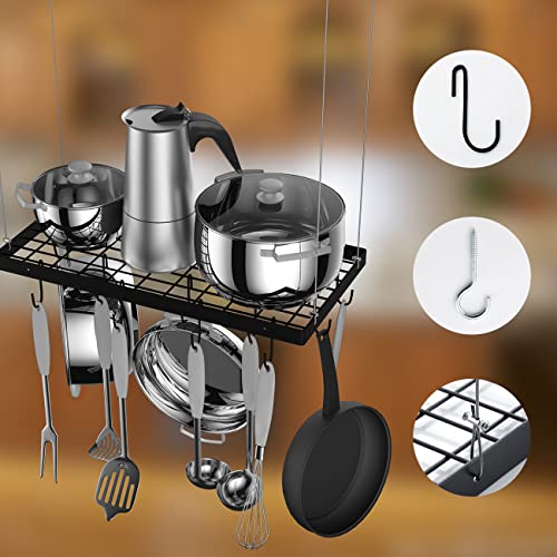 Miyili Ceiling Mounted Pot Rack Square Grid Kitchen Pot And Pan Organizer Storage Shelf With 10 Hooks, 24 By 12-Inch (Black), Kcr300B1 #TOP3