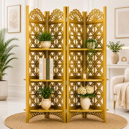 Image of Wooden Partition Divider for Living Room, Partition Wall, Privacy Divider, Freestanding Folding Panels (6 feet 5 Panel with Shelf) (6 Feet 4 Panel with 3 Shelf Golden)