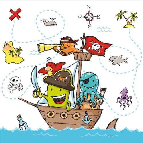 Lot de 20 serviettes de table pirates 33 x 33 cm - En film d'emballage bio, 3 couches - Imprimées...
