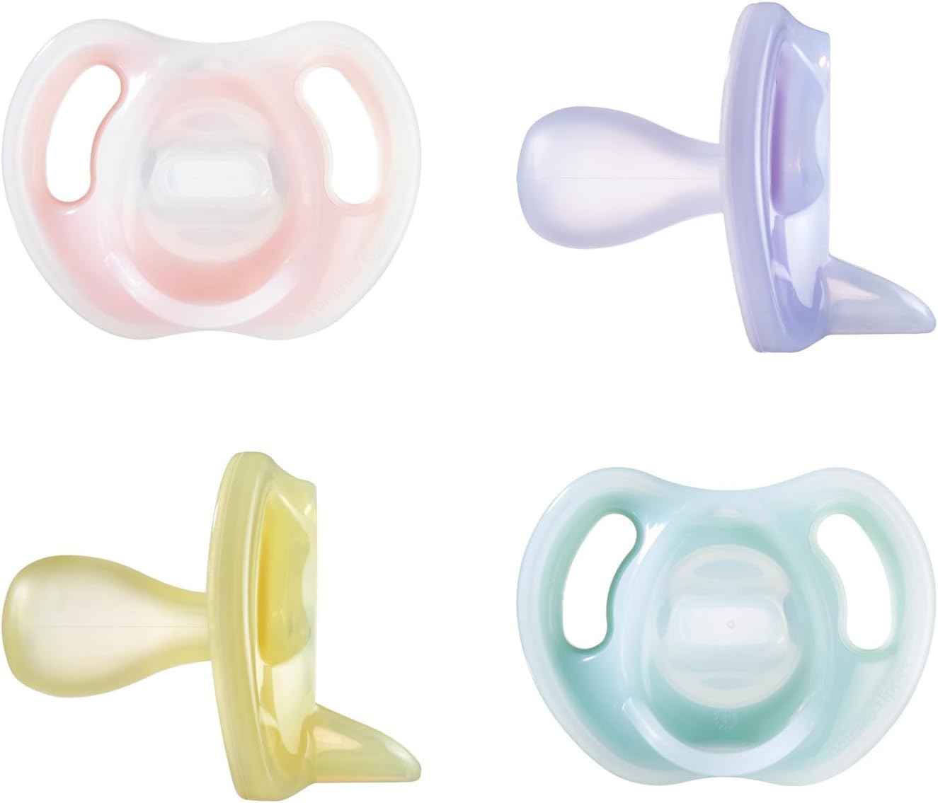 Ultra-Light Silicone Pacifier, 6-18 Months, Symmetrical One-Piece Design, BPA-Free Silicone Binkies, Pink/Violet/Yellow, Pack of 4