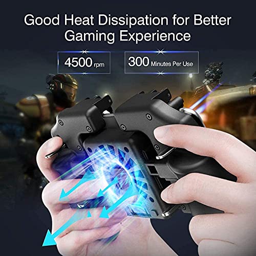 JUTOSU 【新型熱対策一体式】4in1 冷却 スマホ ゲーム パッド PUBG Mobile 荒野行動 コントローラー ゲームパット 与える 2個入り 超薄銀繊維 一体式コントローラー スマホゲーム 押しボタン&グリップの一体式 冷却ファン付き 800mAhバッテリー内蔵 6本指操作可能 押しボタン&グリップの一体式 高感度射撃ボタン 高速射撃 スクリーンに優しい トリガー 一体ハンドル サイズ調節可能 iPhone/Android 各種ゲーム対応 (黒)