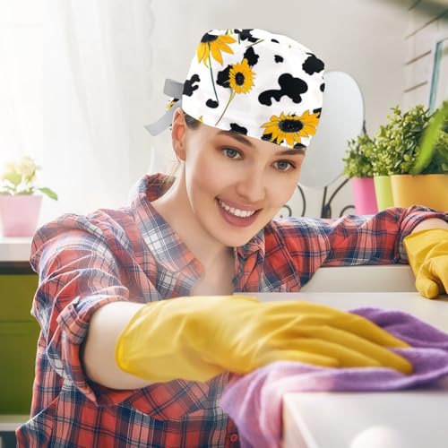 Image of 2 PCS Bouffant Cap with Button Ponytail Pouch Working Cap Sweatband Adjustable Surgical Cap Black and White Cow