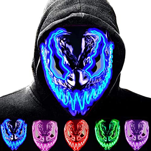 Halloween Masque de La Purge pour Carnaval,LED Effrayant Masque,3 Modes de Clignotement Différents Contrôlables,pour Femme avec Homme Cosplay Masquerade Festival Costume DéCorations de FêTe (New-Blue)