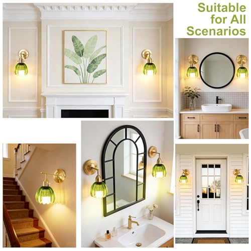 Image of Vintage Wall Sconces Set of 2 with Green Tulip Glass Lampshade, Hardwired and Wireless Wall Mounted Light Fixtures (2 Usage Methods), Gold Lamp with Switch for Bedside Bedroom Living Room Wall Decor