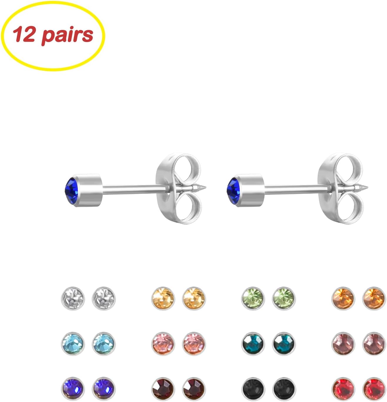 12 Pairs Ear Piercing Stud Earrings for Ear Piercing Guns, Surgical Stainless Steel Multicolor Round Heart Star Cubic Zirconia Birthstone Stud Earrings Set - Image 2