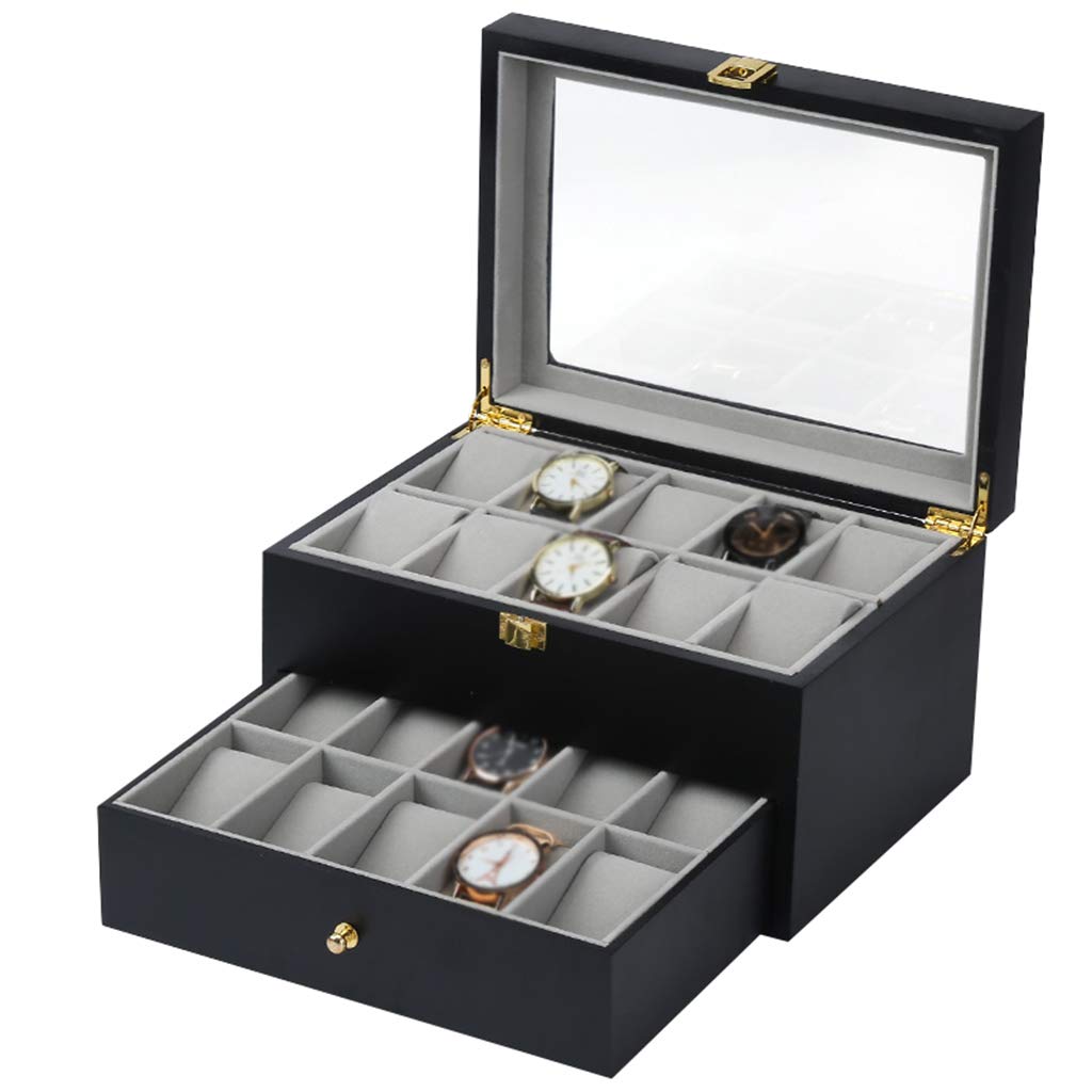 ANVLOJRIH 20-Slot Watch Display Storage Box Wood Soft Flocking Lining Interior with 20 Cushions Metal Lock Bracelet Showcase Organiser with Glass Lid