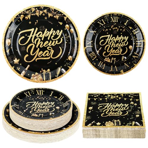 150Pcs New Years Eve Plates & Napkins, Black and Gold NYE Party Dinnerware