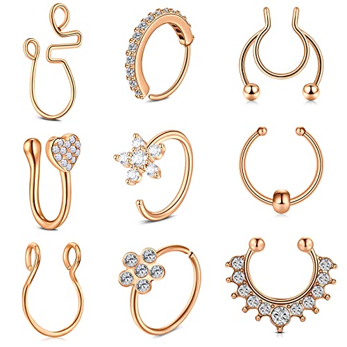 AVYRING 9Piezas Falso Piercing Nariz Acero Quirurgico Nose Cuff Clip On Falso Nostril Piercing Aros Septum para Mujer Oro Rosa Cover