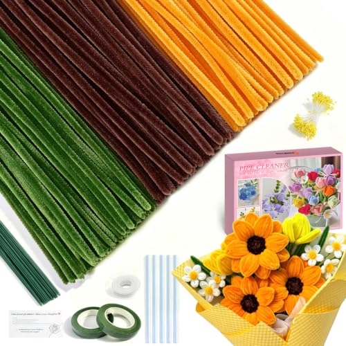 300Pcs Sunflower Color Pipe Cleaners with 20Pcs Flower Stems,Chenille Stems