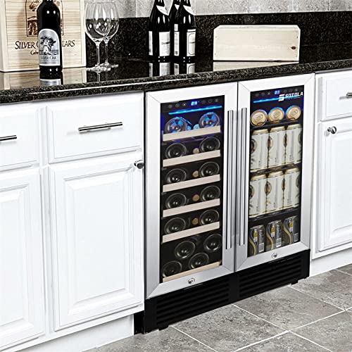 Beverage And Wine Refrigerator, Freestanding Or Built-In 24 Inch Wine Fridge Dual Zone Wine Cooler With Tempered Glass Door And Temperature Memory Function Wine Cellars For 19 Bottles And 57 Cans #TOP1