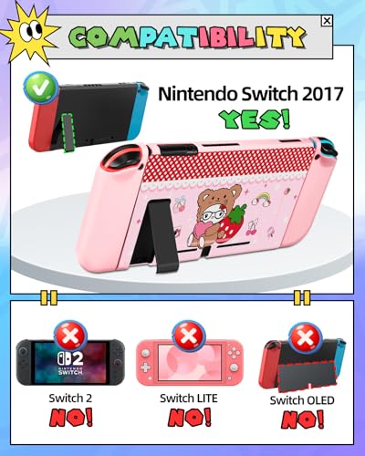 Gurgitat 8in1 Kits Accessories Bundle for Nintendo Switch 2017 - Cute Carrying Case, Protective Cover, Joy Con Grips, Thumb Grips, 24 Game Holder, Shoulder Strap Teens Boys Girls, Strawberry