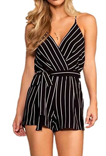 V-Shine Women's Casual Summer Striped Short Jumpsuit Backless Playsuit Spaghetti Strap Romper With Belt #TOP28
