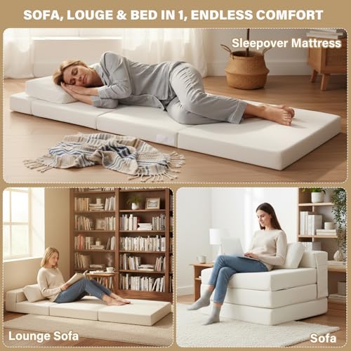 Image of Tiita Folding Sofa Bed Chair, 4-Fold Convertible Sleeper Chair with Lumbar Pillow, Washable Cover & Side Pocket, Floor Couch Bed with Raised Seat, Single Size for Small Spaces, Beige