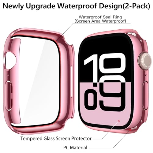 Image of Misxi [2 Pack] Waterproof Hard Case with Tempered Glass Compatible with Apple Watch Series 11 (2025) Series 10 42mm, Overall Protective Cover for iWatch Screen Protector, 1 Rose Pink + 1 Transparent