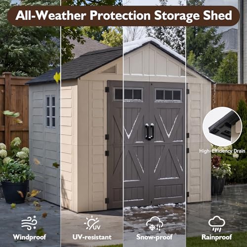 Image of LazySunsets 8x8 Ft Outdoor Storage Shed with Light, Large Resin Outdoor Shed with Floor Included, 2 Windows & Lockable Door, Garden Plastic Storage Sheds for Bike, Lawn Tools, Garbage Can
