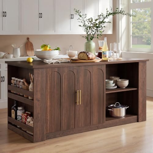 FORTUNETEC 62.9" Large Kitchen Island with Storage, Arched Doors, Walnut