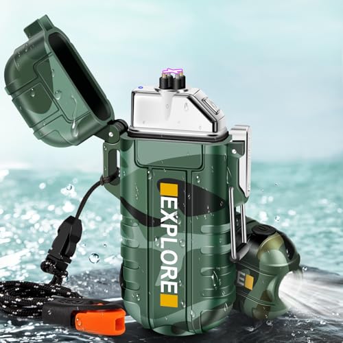 Image of LcFun Arc Lighter, Waterproof Windproof, Type C USB Rechargeable, Dual Arc Plasma, Flameless Electric Lighter with Flashlight, Camouflage, Plastic, Tactical