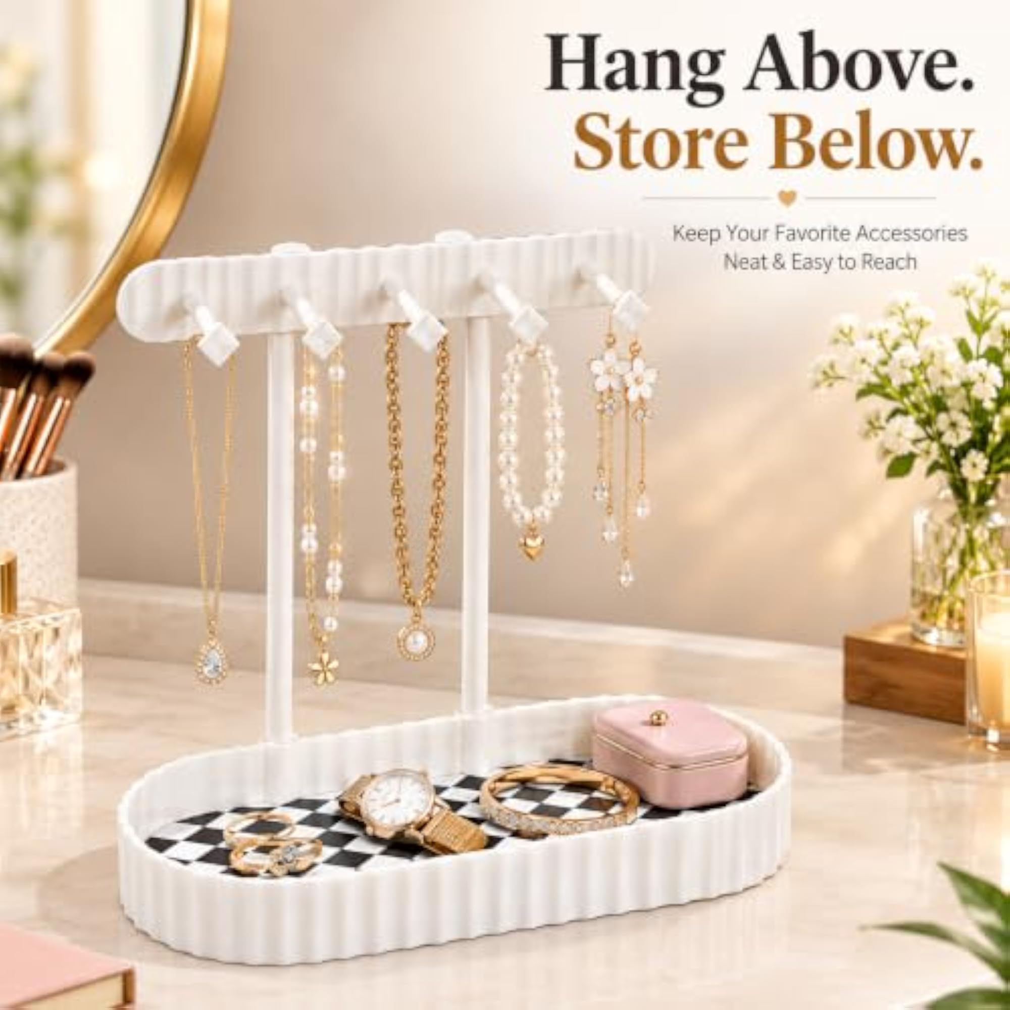 Jewellery Organizer with Hanging Hooks & Storage Tray