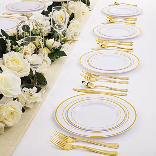 WDF-125 Piece Gold Plastic Silverware&Disposable Plastic Plates - Heavy Duty Plates include 25 Dinner Plates, 25 Salad Plates, 25 Forks, 25 Knives, 25 Spoons for Weddings, Parties, Bridal Shower - Image 6