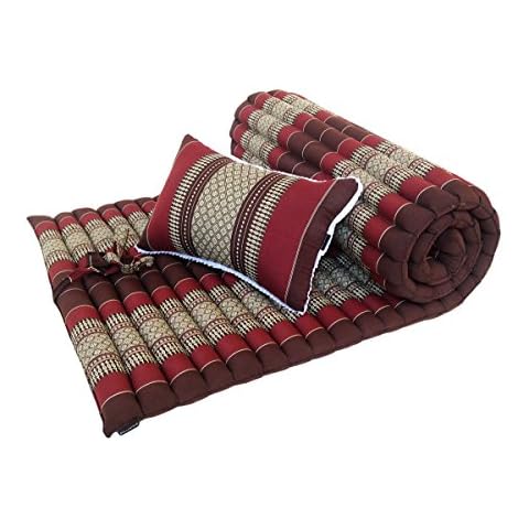 Collumino® Traditional Thai Kapok Roll-Up Meditation Mattress with Matching Support Pillow for Yoga Massage or Relaxation (Burgundy, Brown) Cover