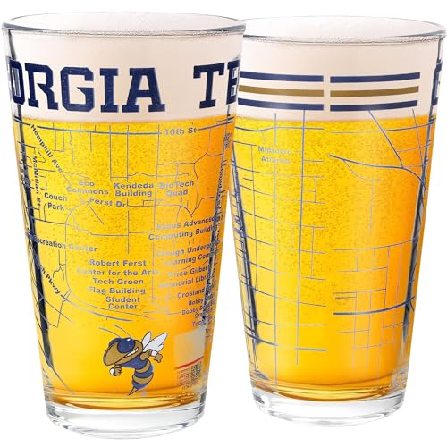 Greenline Goods – Georgia Tech University Yellow Jackets College Pint Beer Glasses (Set of 2), 16 oz – Full-Color Logo + Campus Map