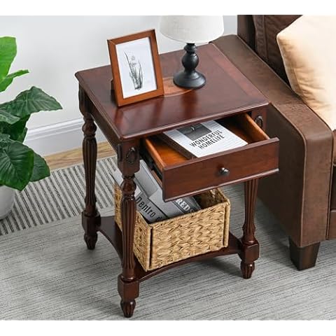 Solid Wood Side End Table with Drawer and Storage Shelf, American Retro Sofa End Table, Narrow Telephone Beside Table For Living Room,19.7"L x 15.7"W x 27.6"H, Easy Assembly, Cherry Walnut GBJ1533WD Cover