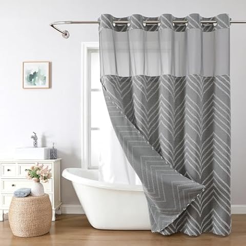 No Hook Grey Woven Shower Curtain Set Cover