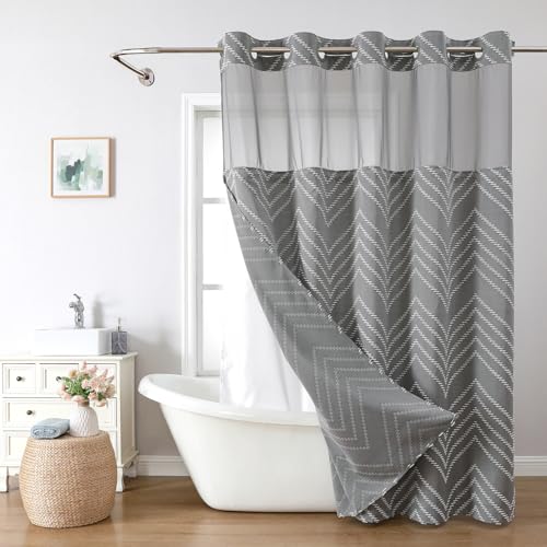 Extra Long Grey No Hook Shower Curtain with Snap-in Liner Set,Boho White Woven Fabric Tufted Chevron Striped Design,Modern Chic Minimalist Bathroom Curtain,71x86