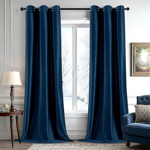 ANRODUO Navy Blue Velvet Curtains 96 Inches Long Blackout Thermal Insulated Soundproof Curtain Privacy Room Darkening Curtains Grommet Window Drapes for Bedroom Living Room 42 x 96 Inch Set of 2